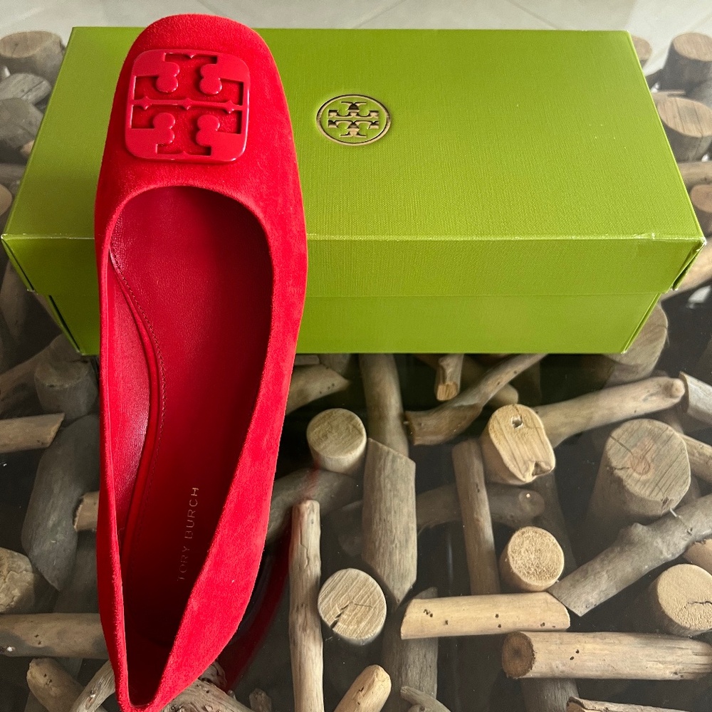 TORY BURCH Triple Red Georgia Ballet Silk Suede Shoes